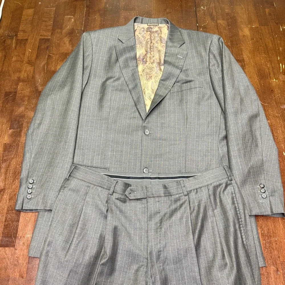 Marzoni Suit Mens 50 Gray Pinstripe Italian Wool Two Button Paisley Lining 40x34